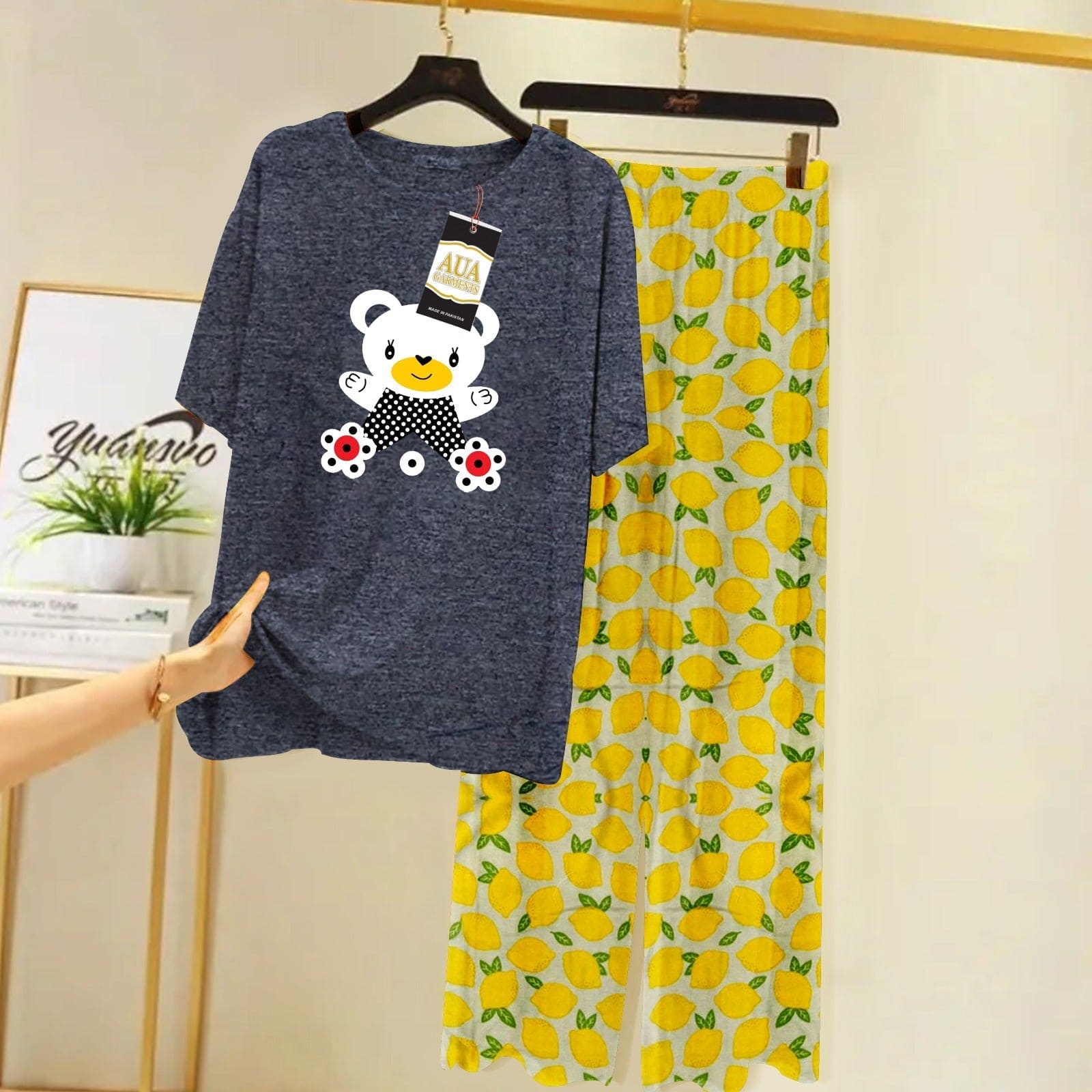 Teddy Bear Summer Nightsuit, Comfortable Women Nightwear, Comfy Casual Round Neck Suit, Paneled Baggy Sleepwear Teddy Bear Summer Nightsuit, Comfortable Women Nightwear, Comfy Casual Round Neck Suit, Paneled Baggy Sleepwear